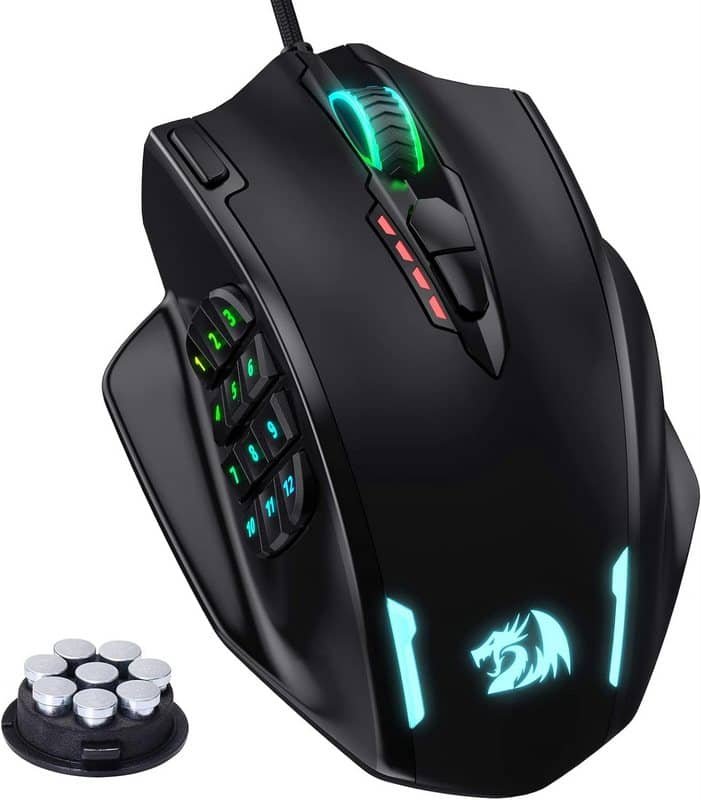 Un ratón gaming con luces rgb y un panel lateral con teclas del 1 al 12