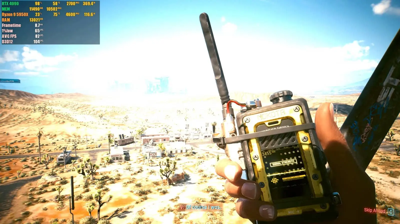 Imagen del Gameplay de Cyberpunk 2077 con una 4090 y un procesador ryzen tope de gama.