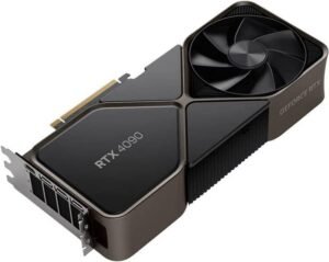 Imagen de una RTX 4090 Founders Edition de lado en donde se ven los puertos de salida de video.