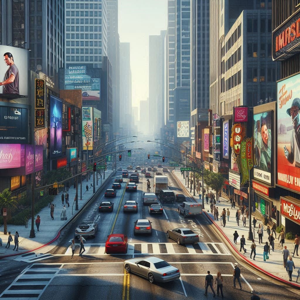Calle de ciudad bulliciosa con tráfico intenso y numerosos peatones. La calle está bordeada de edificios altos adornados con coloridos carteles y anuncios publicitarios. La escena está ambientada durante el día con una atmósfera brumosa al fondo. Son visibles los semáforos y las señales de tráfico, y las aceras están llenas de personas caminando.