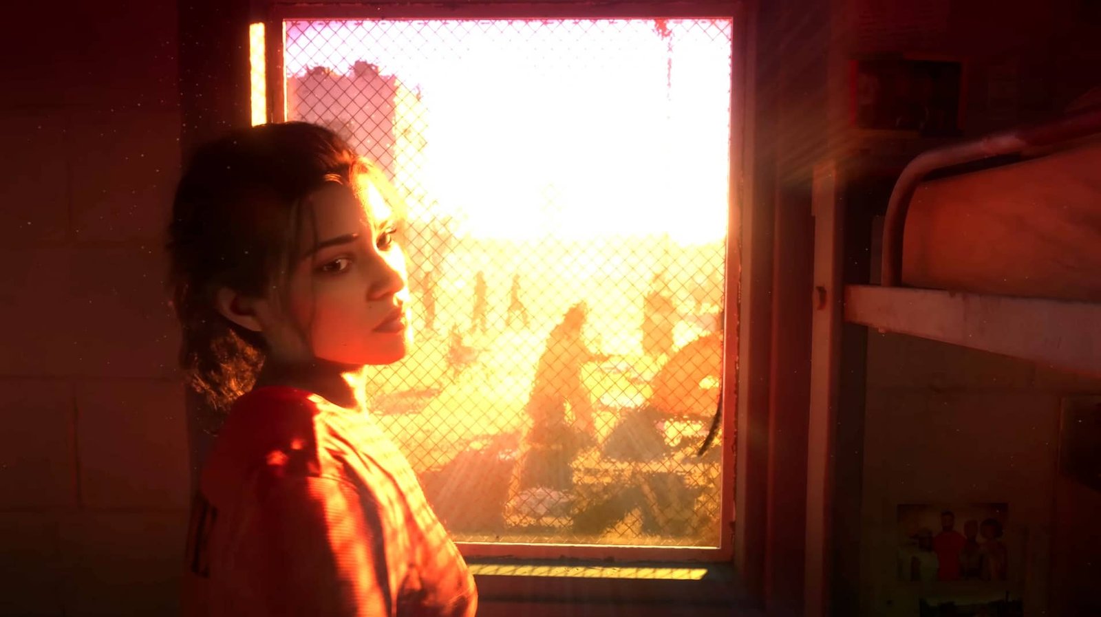 Una persona mirando a través de una ventana con una malla de alambre, desde el interior de una habitación iluminada por el sol. Al fondo, varias siluetas de personas y objetos se destacan con la luz brillante del exterior.