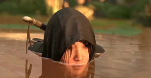 Naoe ocultandose bajo el agua