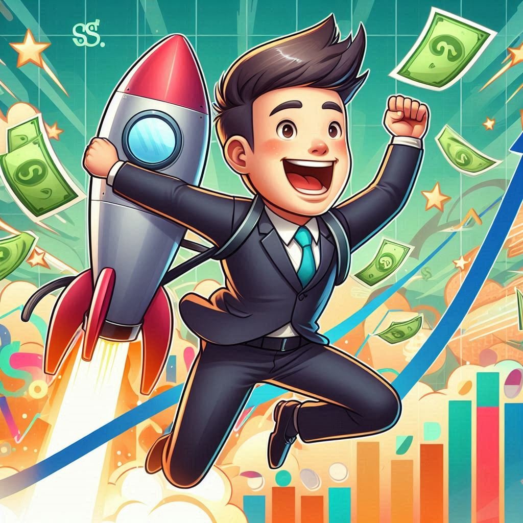 Una ilustración de dibujos animados de una persona con traje de negocios y cara borrosa, volando hacia arriba mientras se sostiene de un cohete. El fondo presenta billetes de dólar, estrellas y gráficos ascendentes, simbolizando el éxito financiero y el crecimiento.