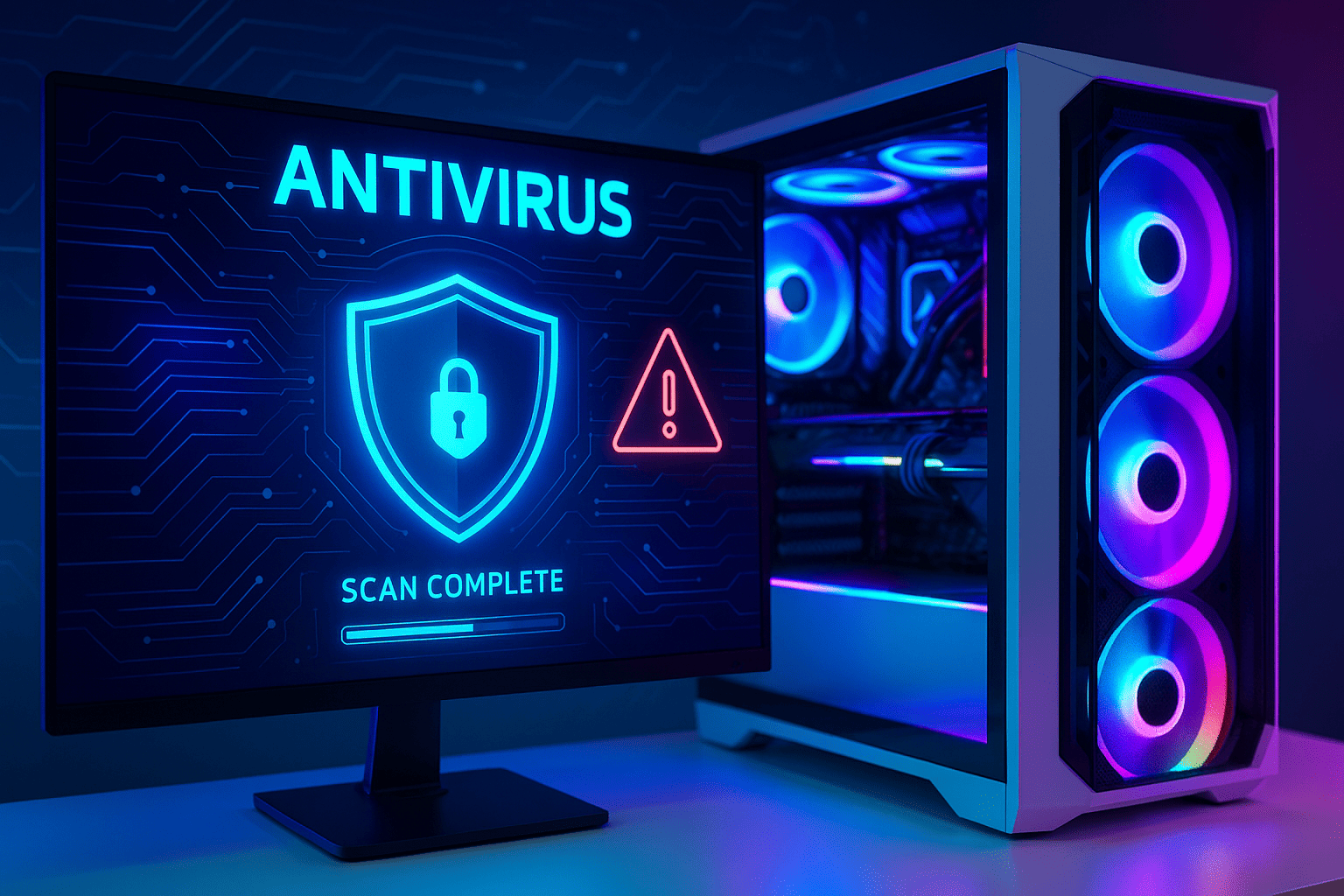 Renderizado 3D de un ordenador gaming con interfaz de antivirus visible en pantalla.
