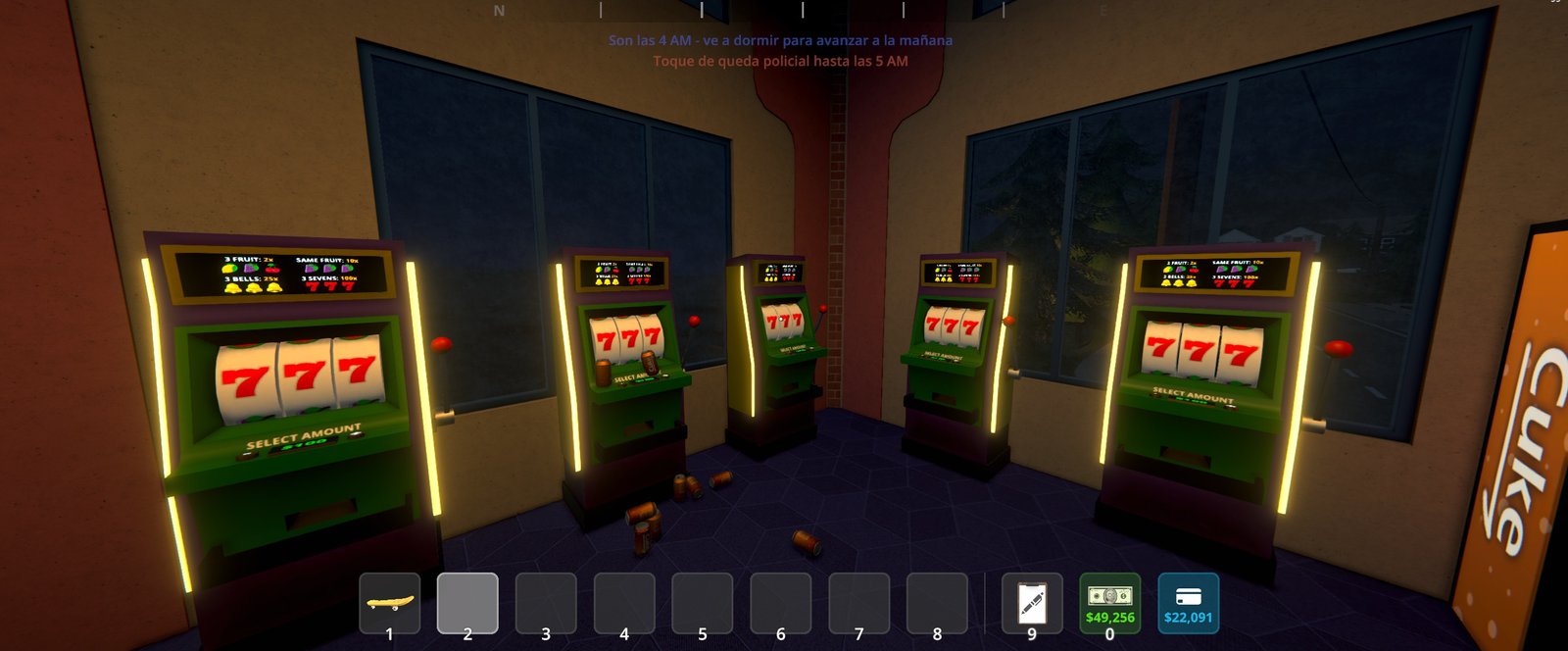 Máquinas tragamonedas con triple 7 en el casino de Schedule 1 durante la madrugada en el juego