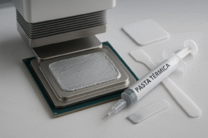 Aplicación de la mejor pasta térmica sobre un procesador con espátula y jeringa en primer plano