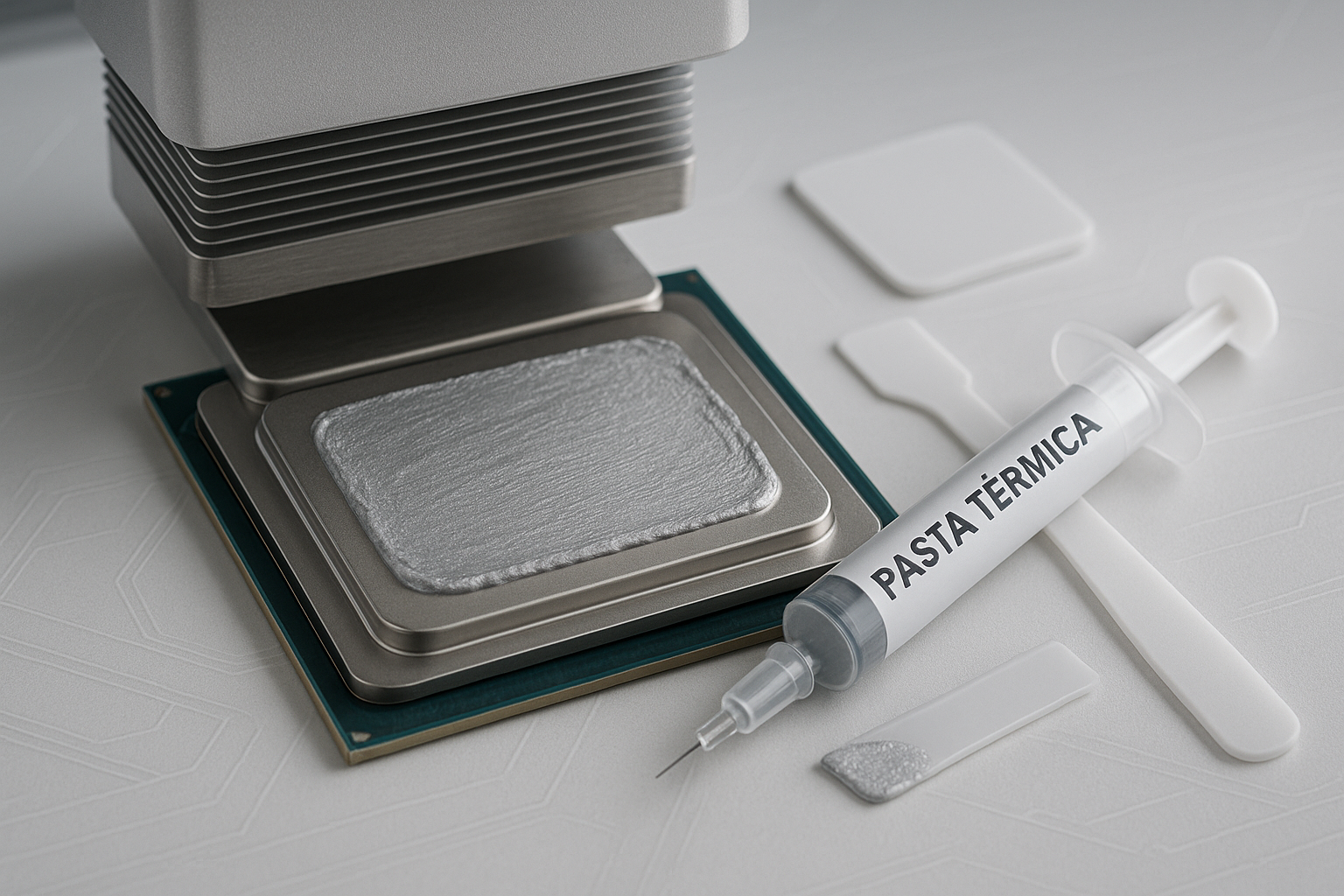 Aplicación de la mejor pasta térmica sobre un procesador con espátula y jeringa en primer plano