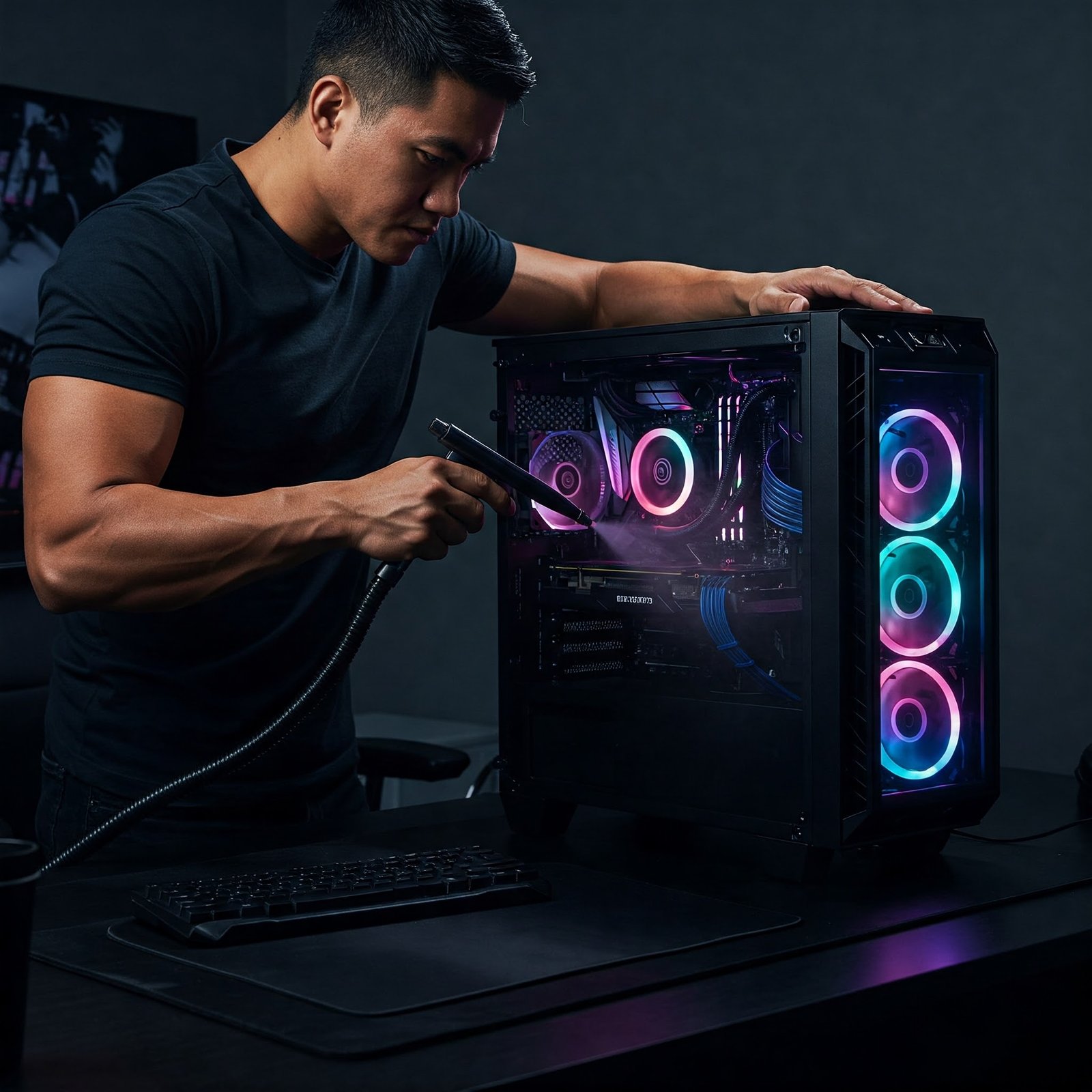 un hombre limpiando su pc con luces rgb