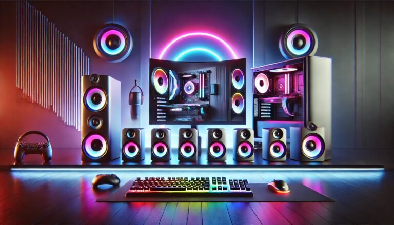 Imagen de un setup gamer moderno con altavoces para PC: incluye altavoces 2.1 con subwoofer, barra de sonido para PC y altavoces con Bluetooth, todo iluminado con luces RGB y acompañado de un monitor curvo y teclado mecánico. Ideal para ilustrar una comparativa actualizada de altavoces gaming en 2025.
