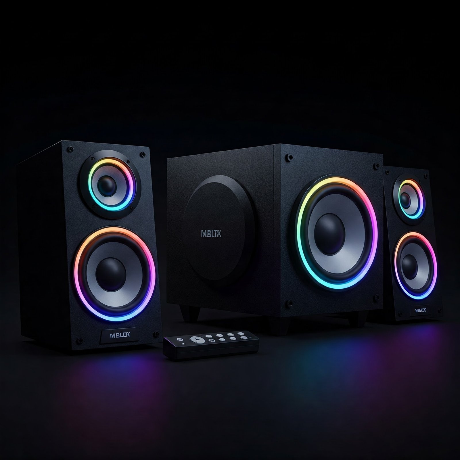 Un equipo de sonido gaming moderno con dos altavoces y un subwoofer, todos con luces RGB que cambian de color, en un ambiente oscuro que resalta la iluminación.