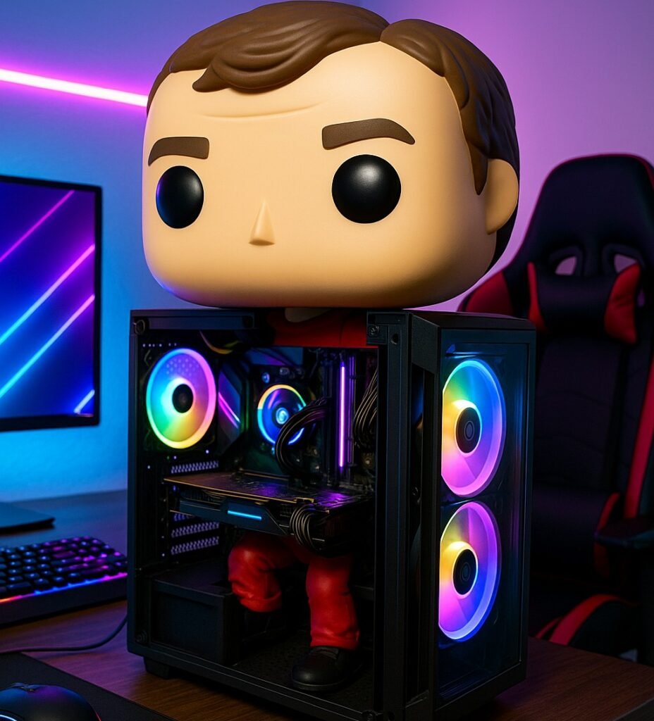 Figura tipo Funko Pop de gran tamaño sobresaliendo de un gabinete gaming RGB