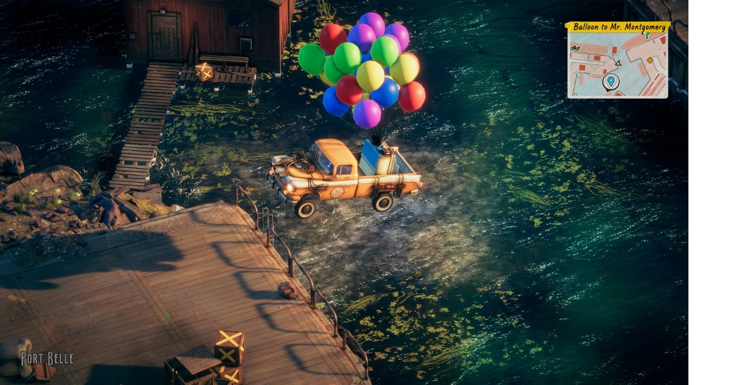 imagen del juego deliver at all costs en donde se ve un coche volando graciuas a que tiene amarrados unos globos que lo hacen levitar en el aire