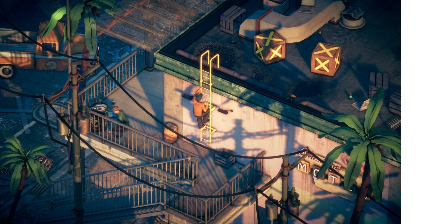 imagen del juego deliver at all costs en donde se ve al personaje subiendo una escalera hacia un tejado de un edificio