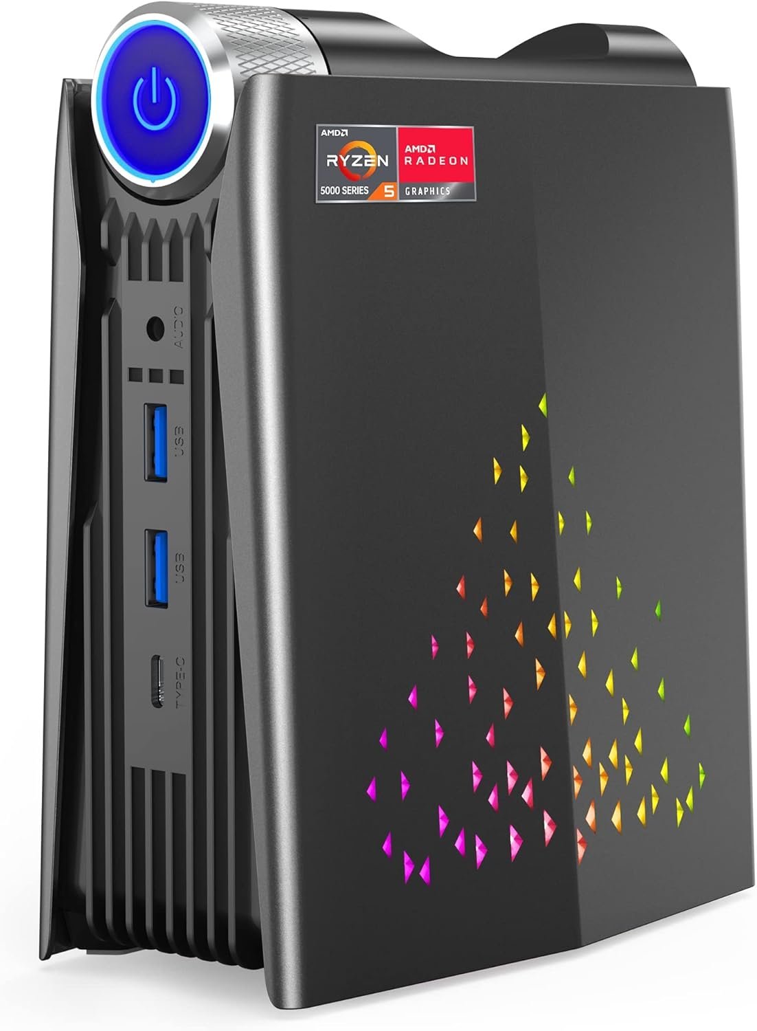 Mini PC gamer ACEMAGIC con diseño futurista y luces LED RGB, ideal para juegos y rendimiento compacto