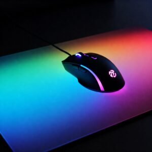 Ratón gaming con iluminación RGB sobre un Mousepad Gaming retroiluminado multicolor en un entorno oscuro.