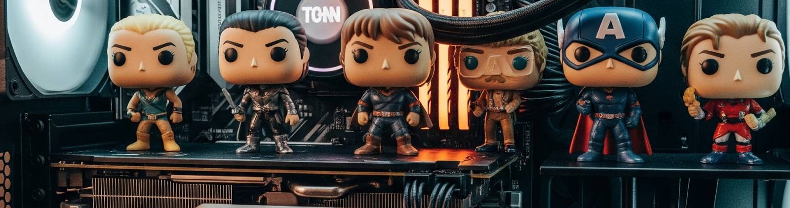 Funko Pops de varios temas dentro de un PC gamer con luces RGB