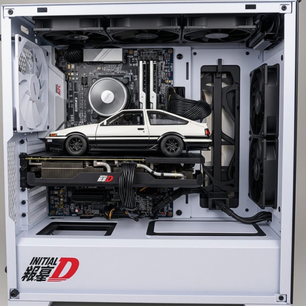 imagen que muestra un pc gamer de la temática de initial d con una figura de un coche dentro