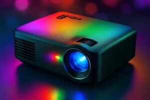 Uno de esos mini proyectores wifi baratos y compacto con luces RGB encendidas