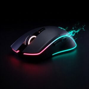 Ratón gaming inalámbrico con iluminación RGB en un entorno oscuro, mostrando un efecto visual de energía azul en su parte trasera, uno de los ratones gaming mas bonitos que he visto.