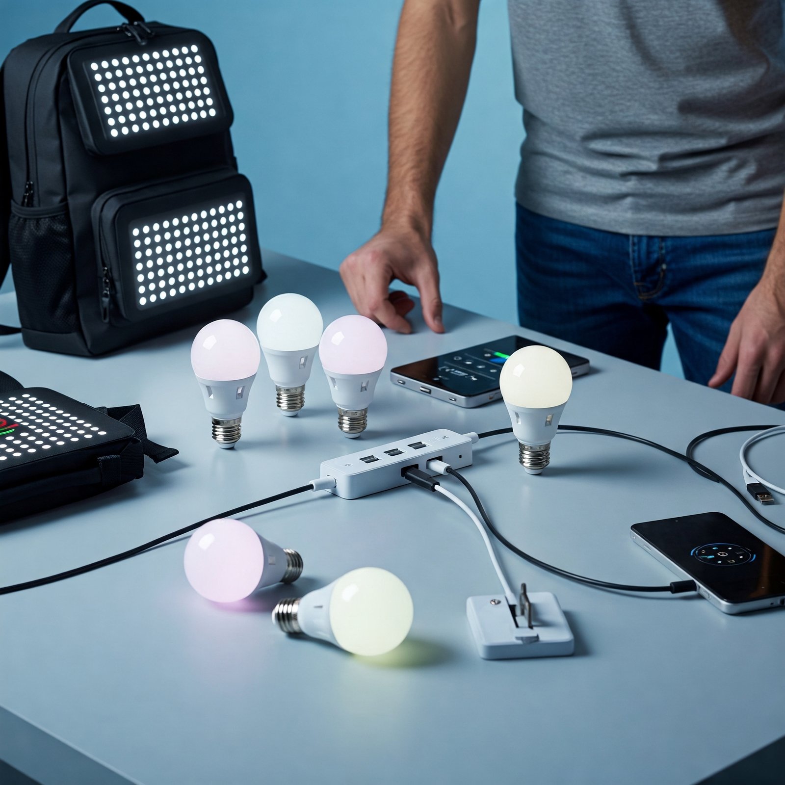 Una persona al lado de una mesa llena de gadgets tecnológicos