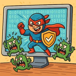 Antivirus estilo superhéroe cartoon luchando contra virus verdes en la pantalla de un ordenador