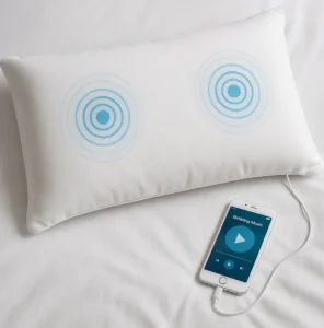 imagen de una almohada con altavoces conectada a su móvil, mejor que unos auriculares para dormir