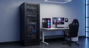 Toma amplia de racks para servidores individuales junto a un escritorio de jugador en una moderna sala de servidores.