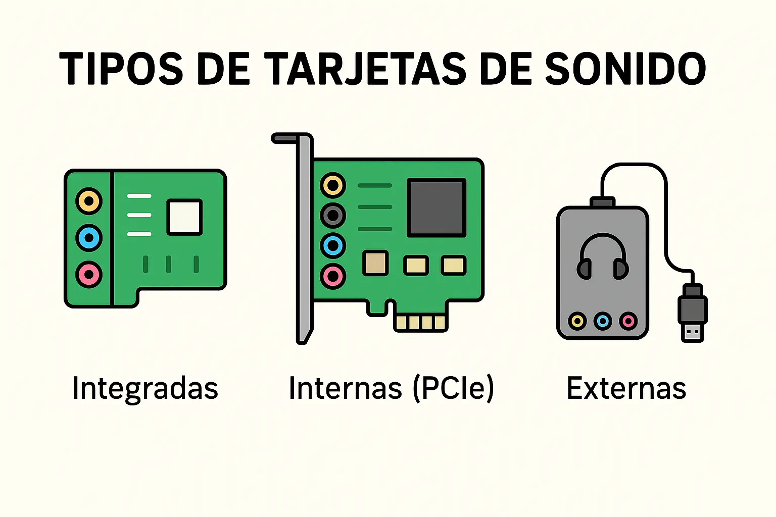 imagen en donde se ven los tres tipos de tarjetas de sonido