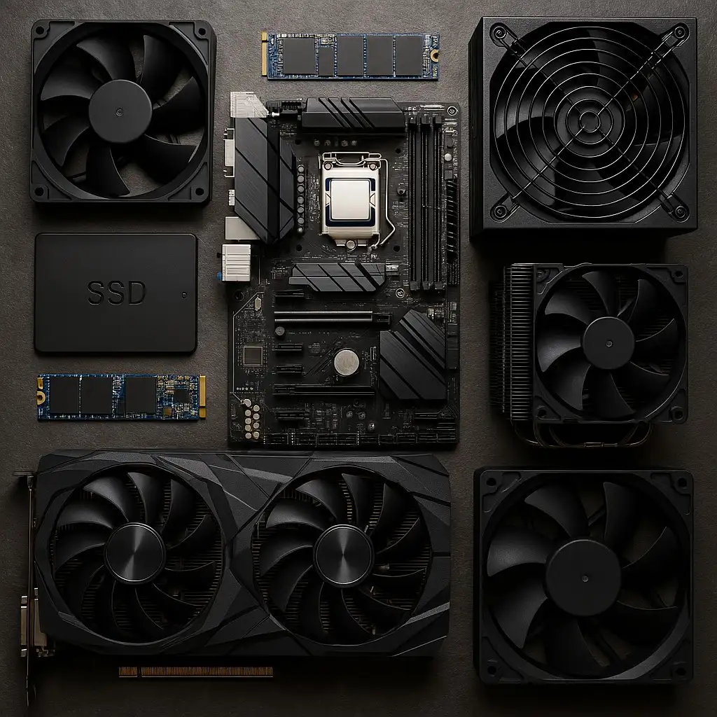 varios componentes de pc negros en una mesa negra