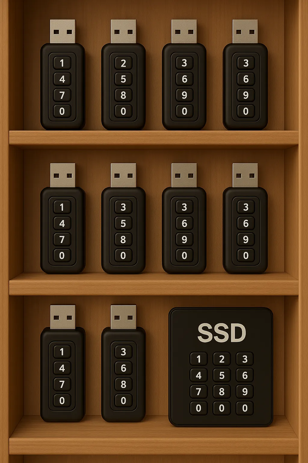 una estantería con varios USB seguros