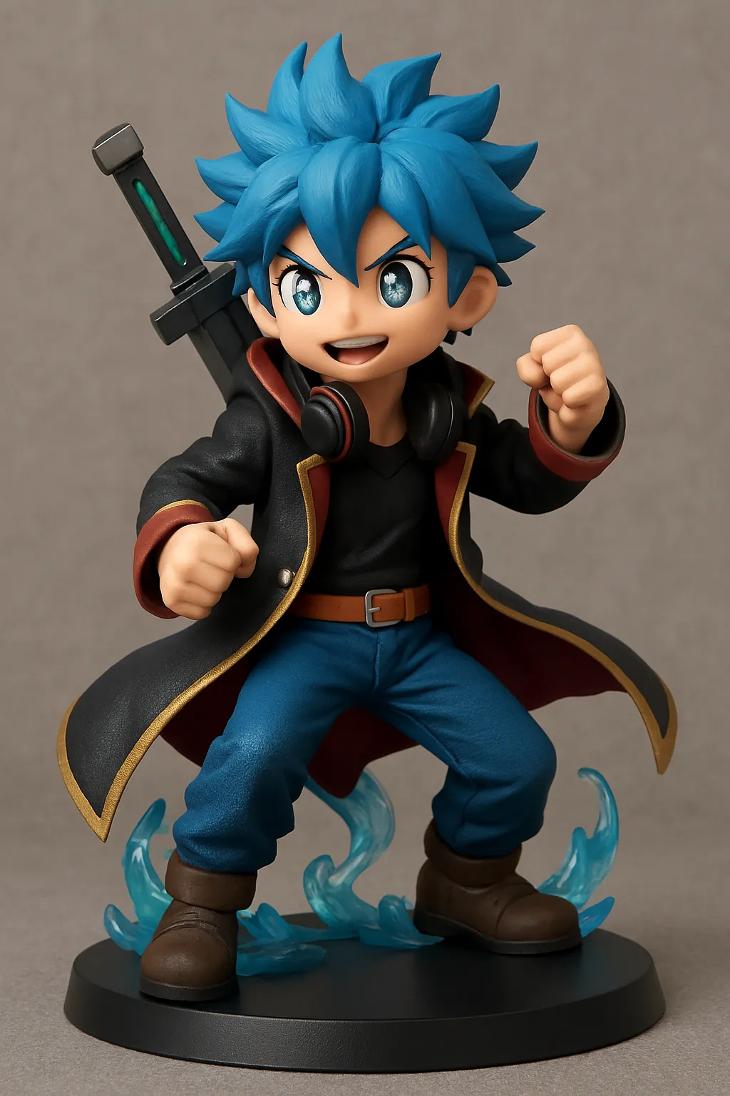 figura de anime con pelo azul y pose de batalla 