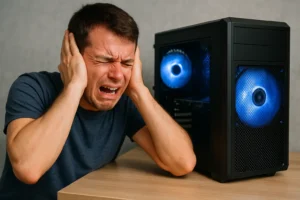 hombre tapandose las orejas pues su ordenador hace demasiado ruido, esta pidiendo un pc ultra silencioso