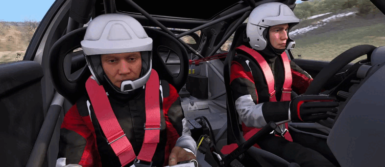 Gif que muestra como el piloto y copiloto del assetto corsa rally reaccionan de forma realista y humanizada a lo que ocurre en la etapa