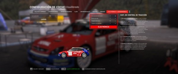 imagen del reglaje de electrónica  y aerodinámica en assetto corsa rally en la versión 0.3.1