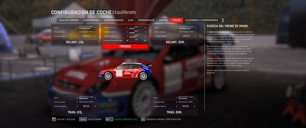 Imagen de los reglajes de frenos en el videojuego assetto corsa rally