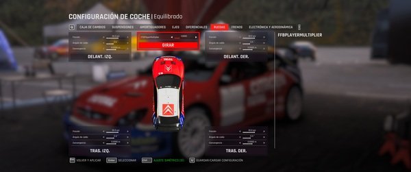 Imagen de los reglajes de ruedas en el videojuego assetto corsa rally